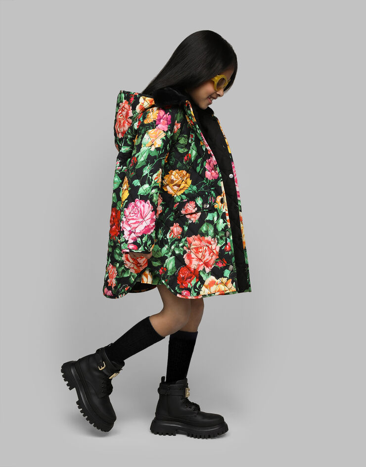 Printのガールズ ローズプリント キルテッド ナイロン ショート ダウン 