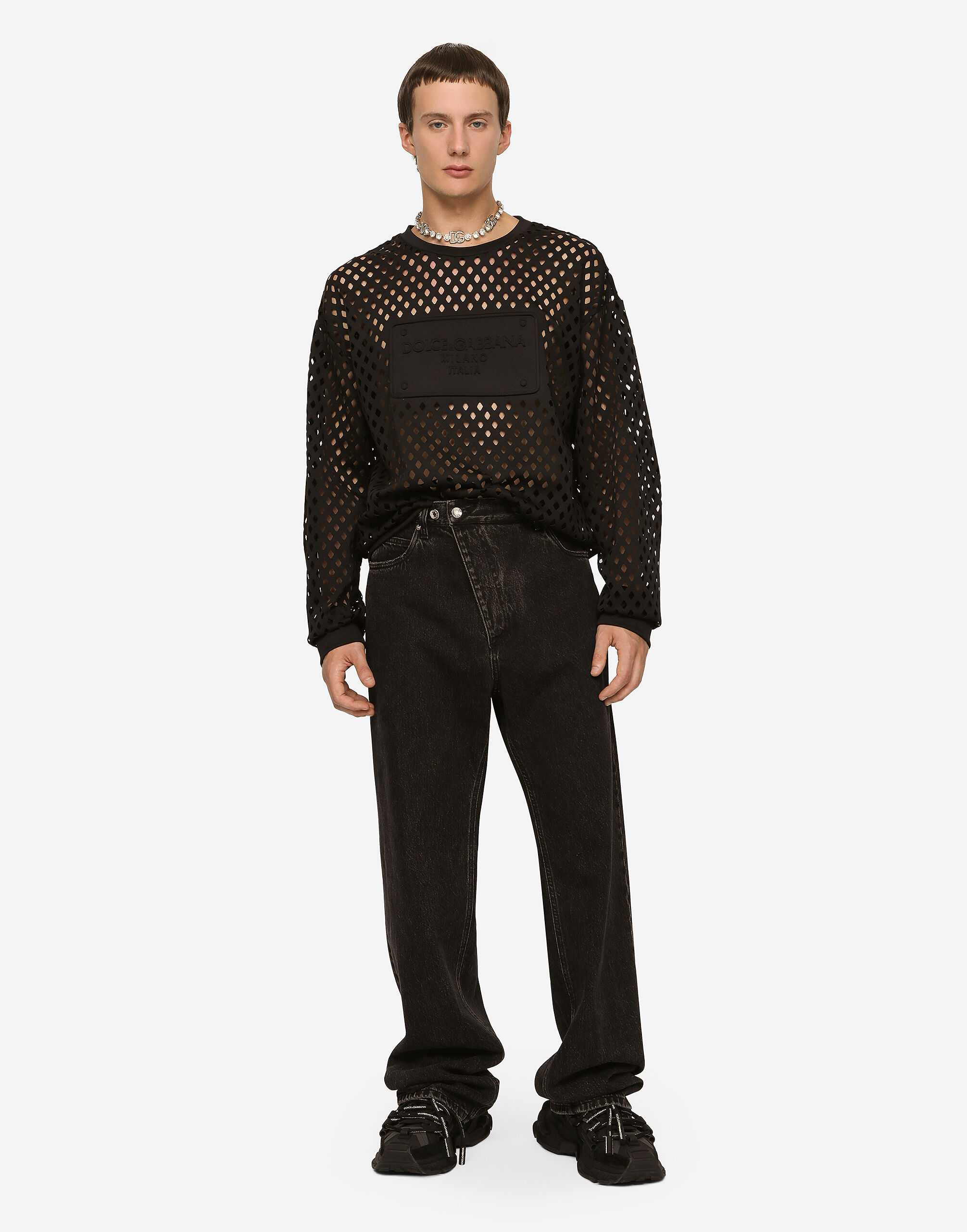 ●Dolce&Gabbana●エンボス タグ ジャージー スウェット シャツ ブラックのメンズ スウェットシャツ ジャージー パンチング