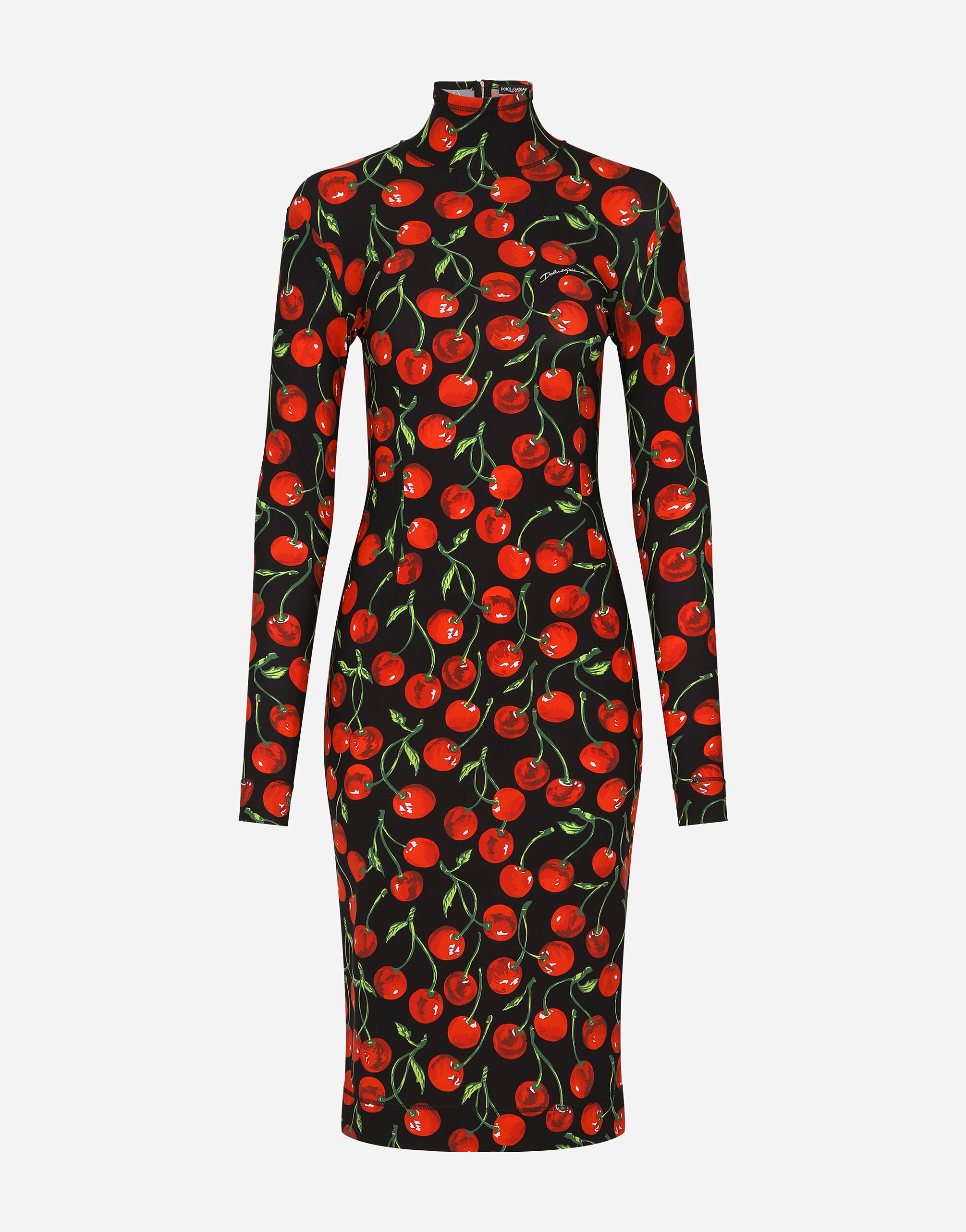 Dolce&Gabbana Long-sleeved jersey midi dress with cherry print Beige F7W98TFUWDU
