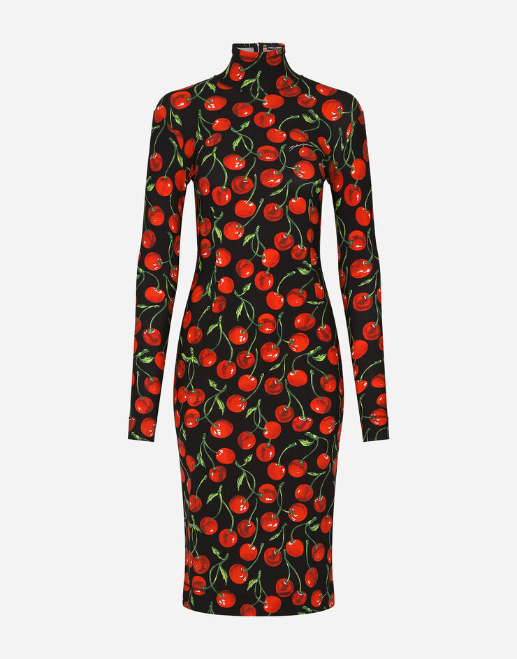 Dolce&Gabbana Long-sleeved jersey midi dress with cherry print Multicolor F6AJMTFSG54