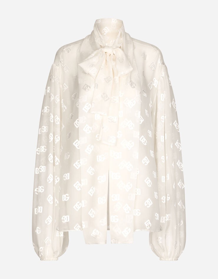 Dolce & Gabbana Devoré satin pussy-bow shirt with all-over DG logo White F5P73TFJTBR
