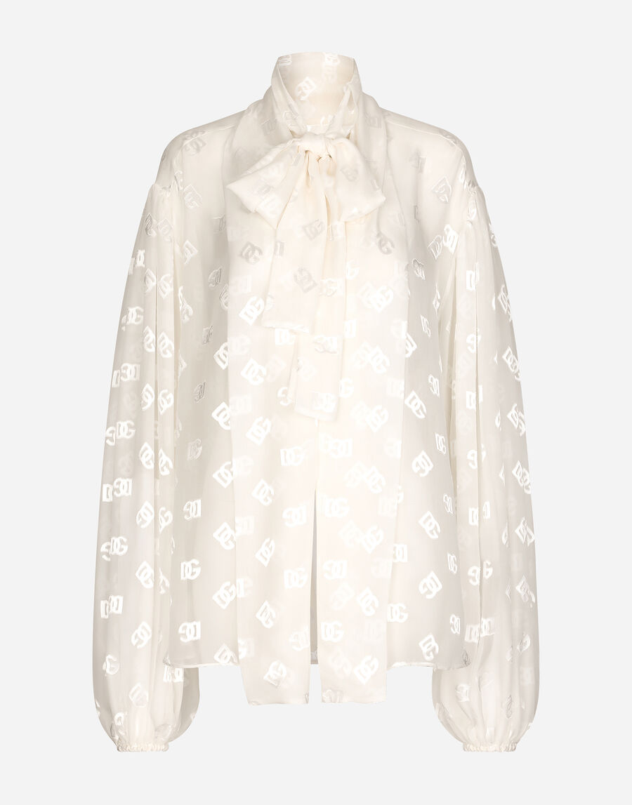 Devoré satin pussy-bow shirt with all-over DG logo