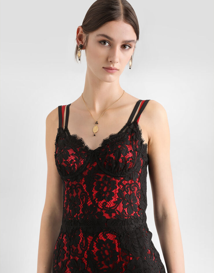 Dolce & Gabbana Calf-length floral lace slip dress with contrasting lining Black F6JSSTHLMDA