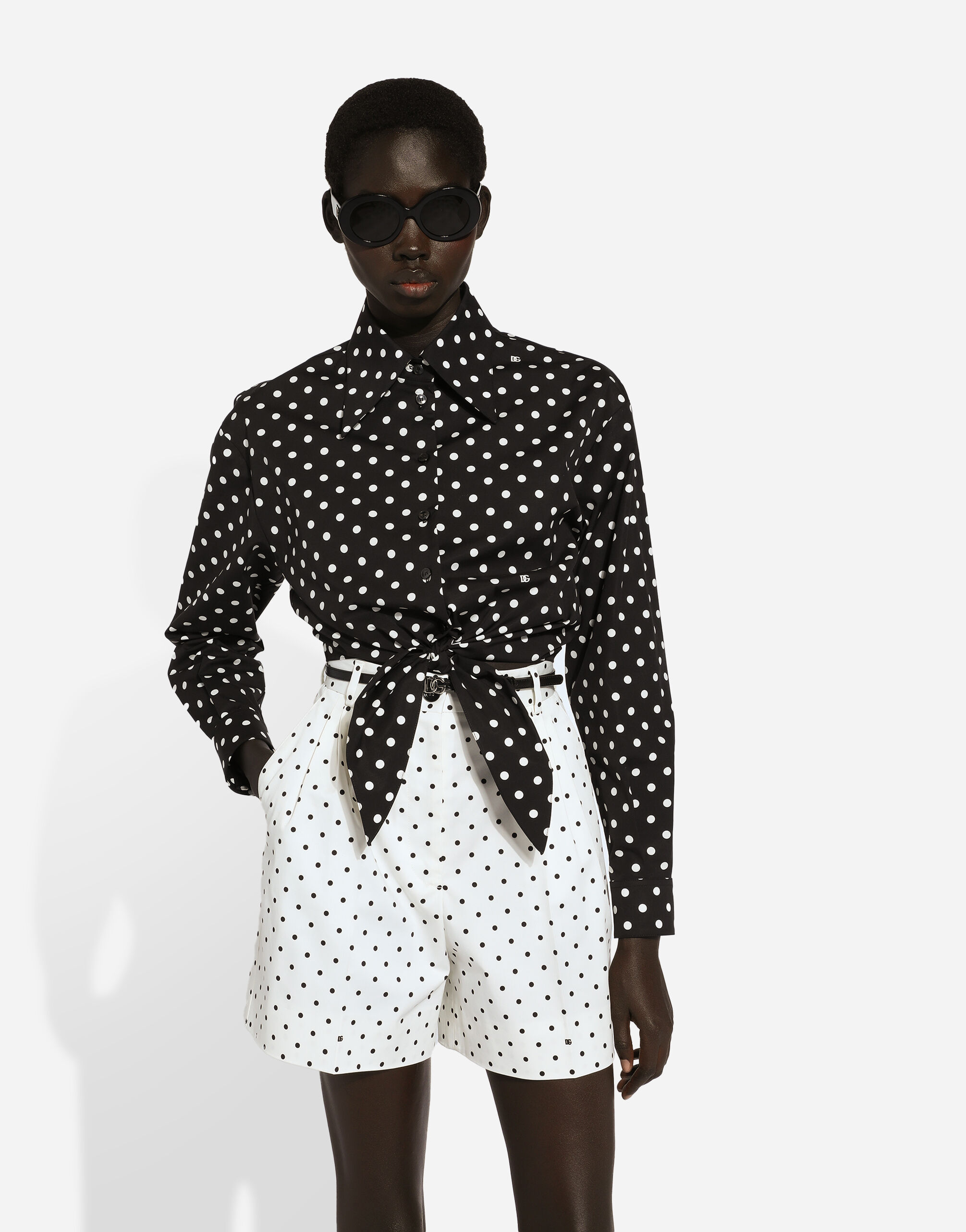 Cropped cotton poplin shirt with knot detail and polka dot print in Print for Women Dolce Gabbana US