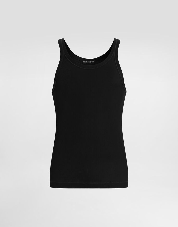 Dolce & Gabbana Tanktop Slim gerippt mit Plakette Schwarz G8PA8TG7O6R