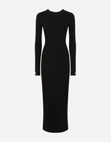 Dolce & Gabbana Vestido longuette de manga larga en punto con decoraciones DG Black F6R6MTFUGKG