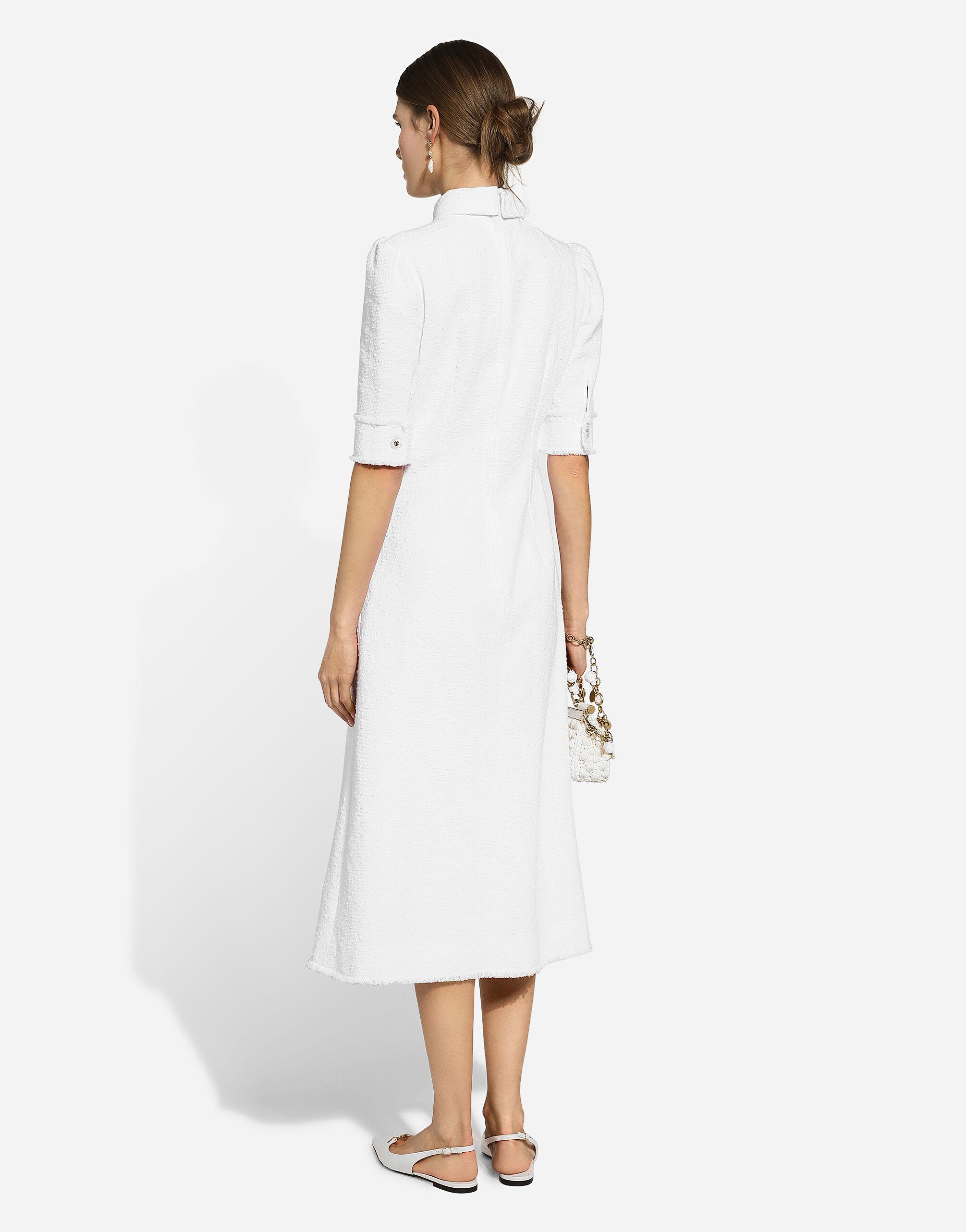Cotton raschel tweed calf-length dress in White for Women