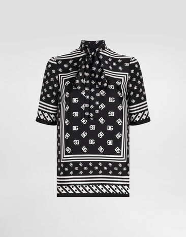 Dolce & Gabbana Short-sleeved silk blouse with pussy-bow and all-over DG logo scarf print Black F7AO0TGDCVJ
