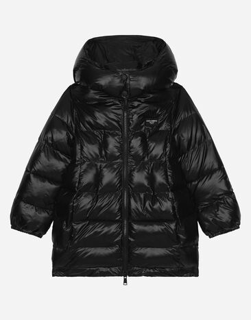 Dolce & Gabbana Long down jacket with logo tag Black L5JBO1G7M4K