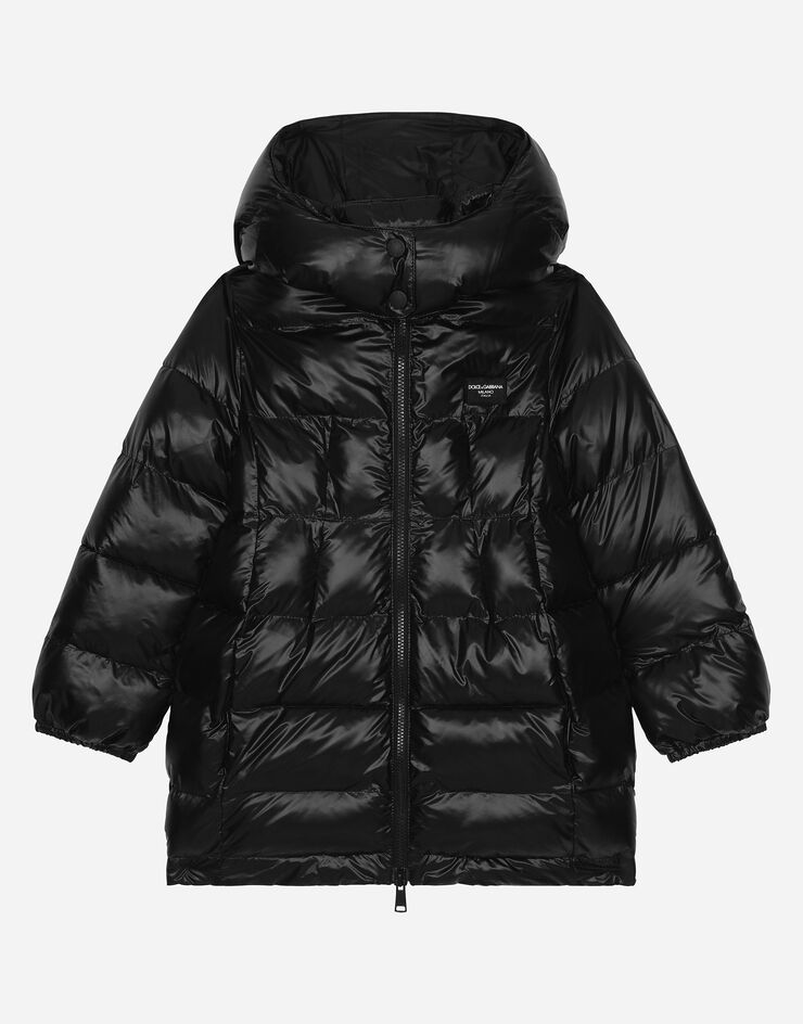 Dolce & Gabbana Long down jacket with logo tag Black L5JBO1G7M4K