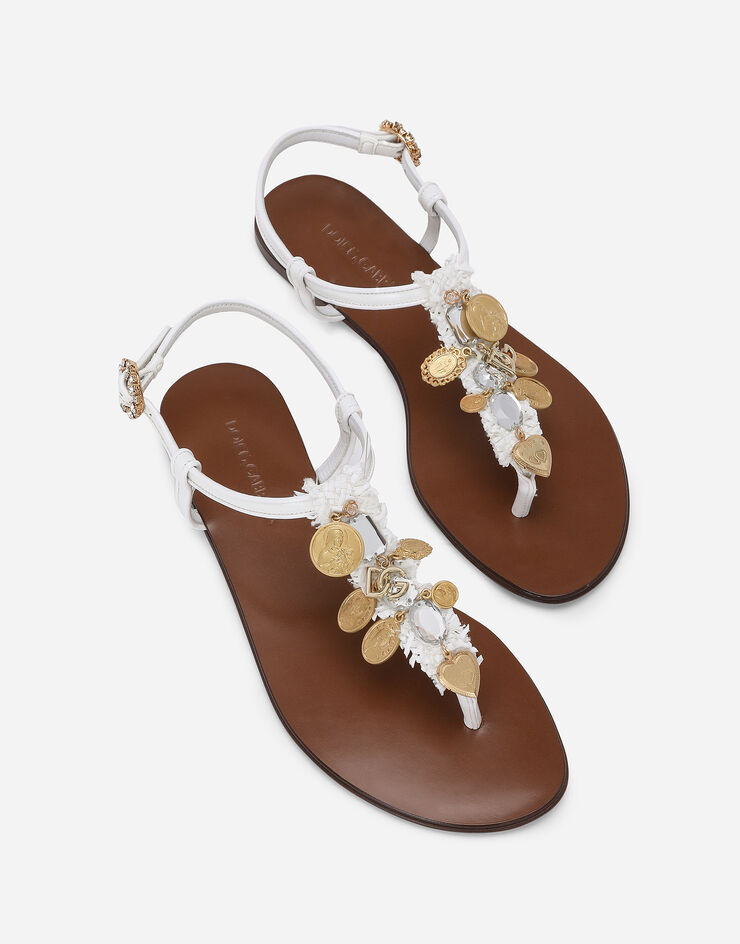 Dolce & Gabbana 许愿圆章刺绣拉菲草夹趾凉鞋 白 CQ0626AK225