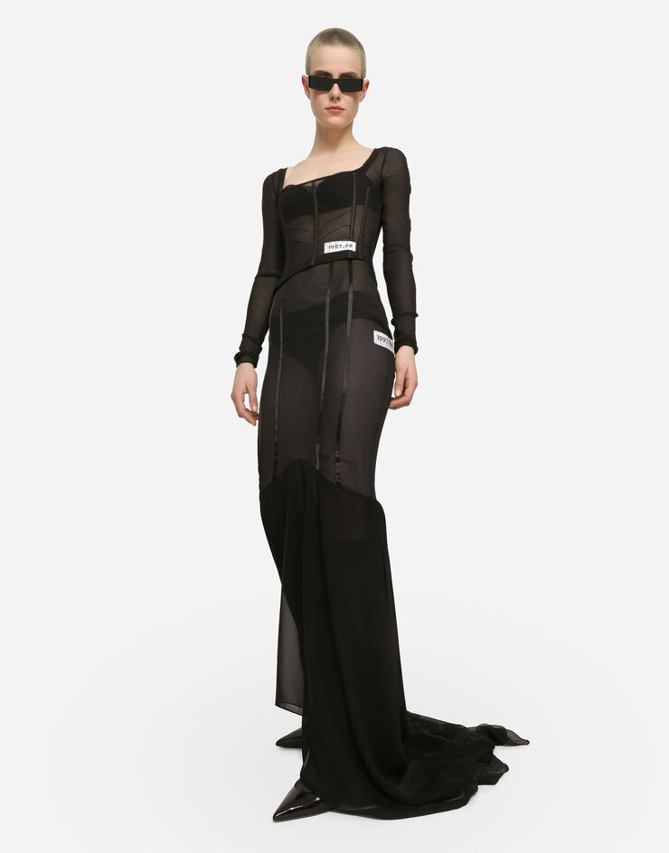 Dolce & Gabbana Langer Rock mit Mermaid-Volant aus Seide Schwarz F4CL4TFUAA1
