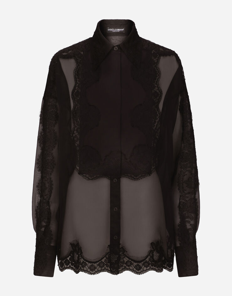 Dolce & Gabbana Camisa de esmoquin en organza con aplicaciones de encaje Negro F5Q31TFU1BU