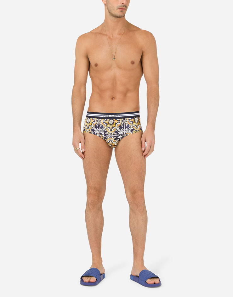 Dolce & Gabbana Cotton Brando briefs with maiolica print on a blue background STAMPA MAIOLICA M3A00JHS7BI