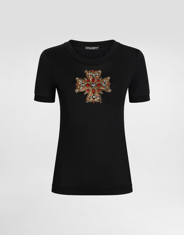 Dolce & Gabbana T-shirt en coton avec croix en Swarovski Noir F8N08ZGDC7G