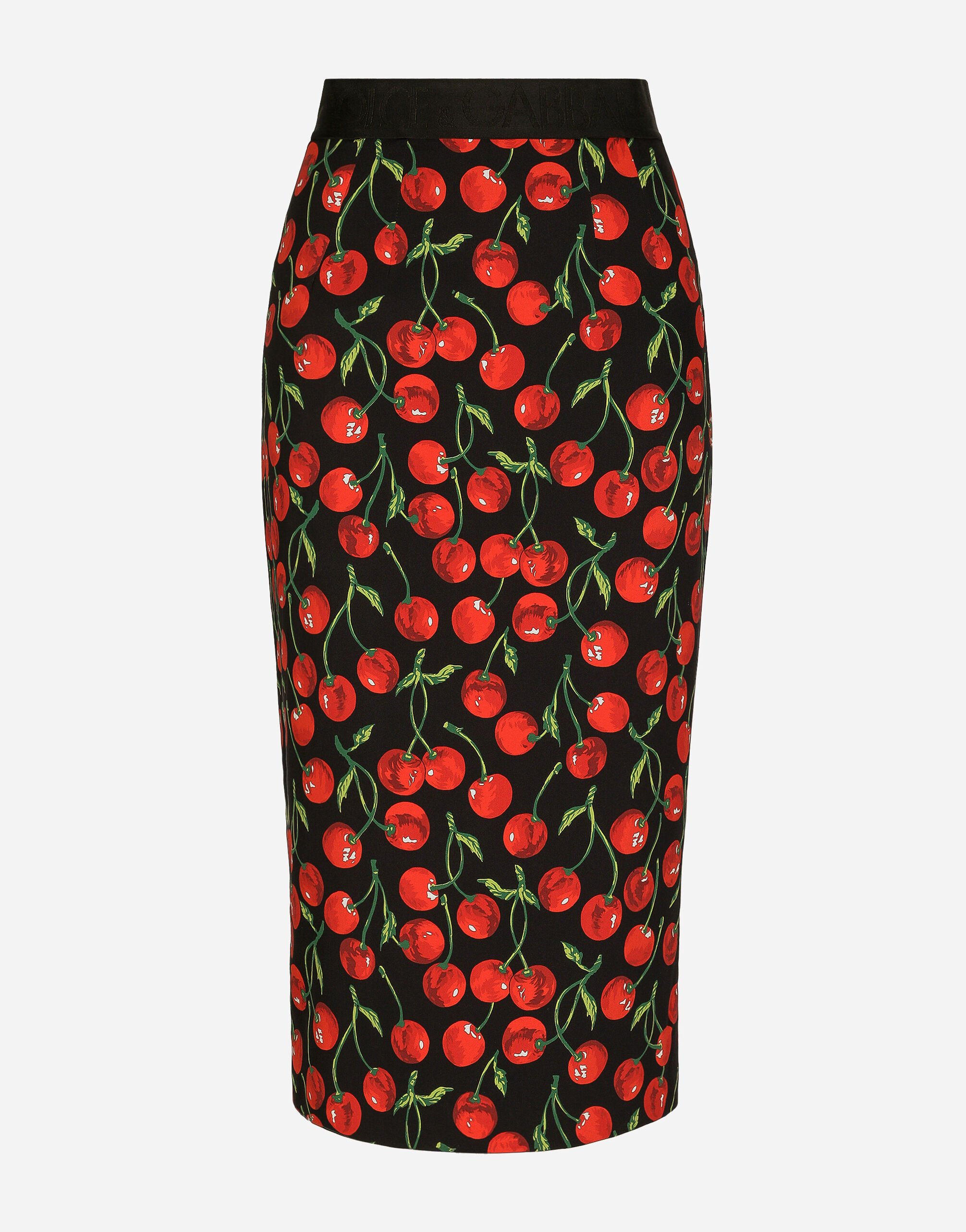 Dolce & Gabbana High-waisted charmeuse calf-length skirt with cherry print Print F4CFETHS5Q1