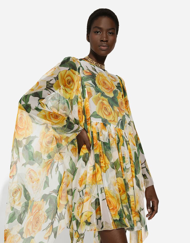 Dolce & Gabbana Kurzes Kleid aus Seidenchiffon Gelbe-Rosen-Print Drucken F6ASDTIS1P2