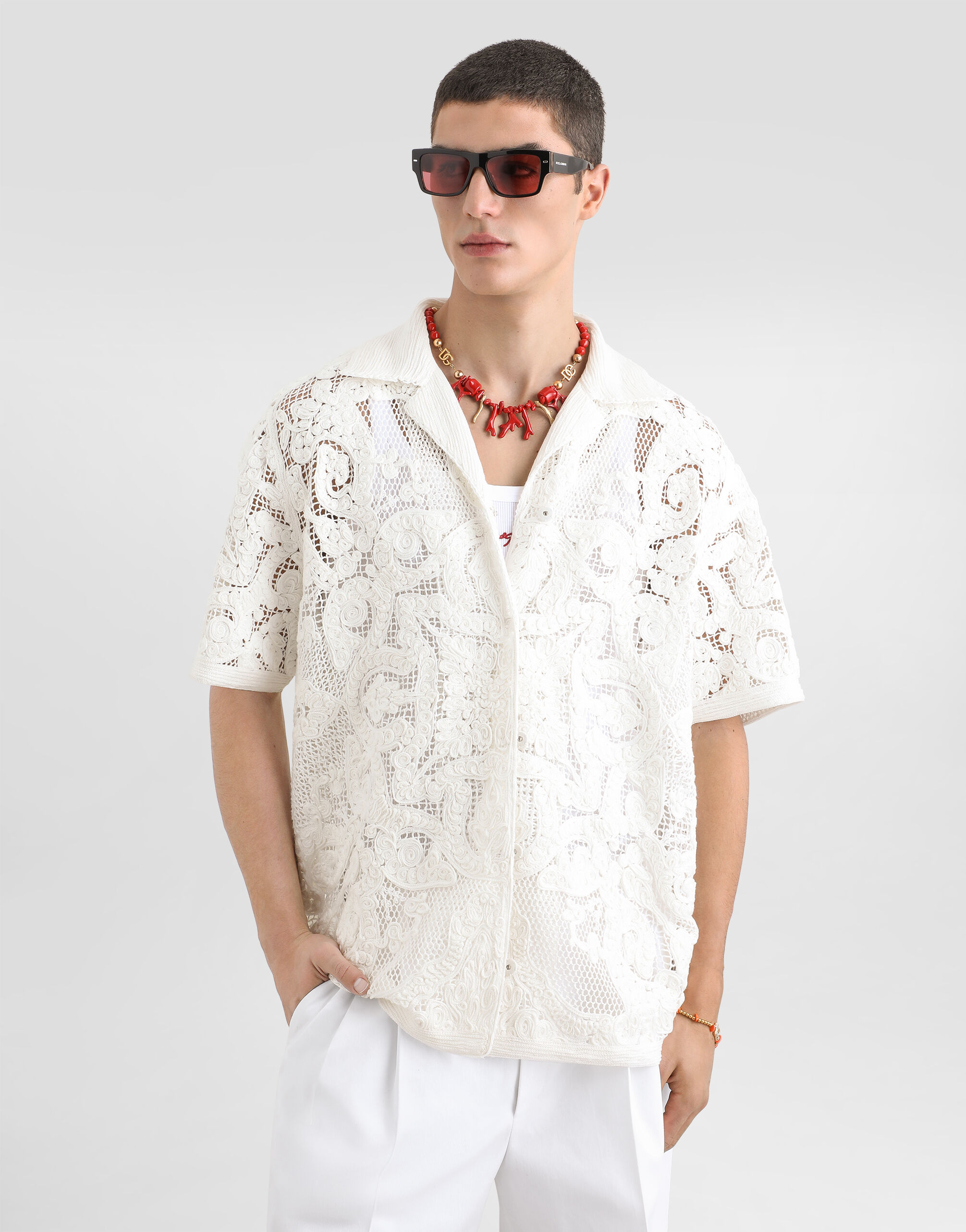 Cotton shirt with macramé embroidery in Cream for Men | Dolce&Gabbana®