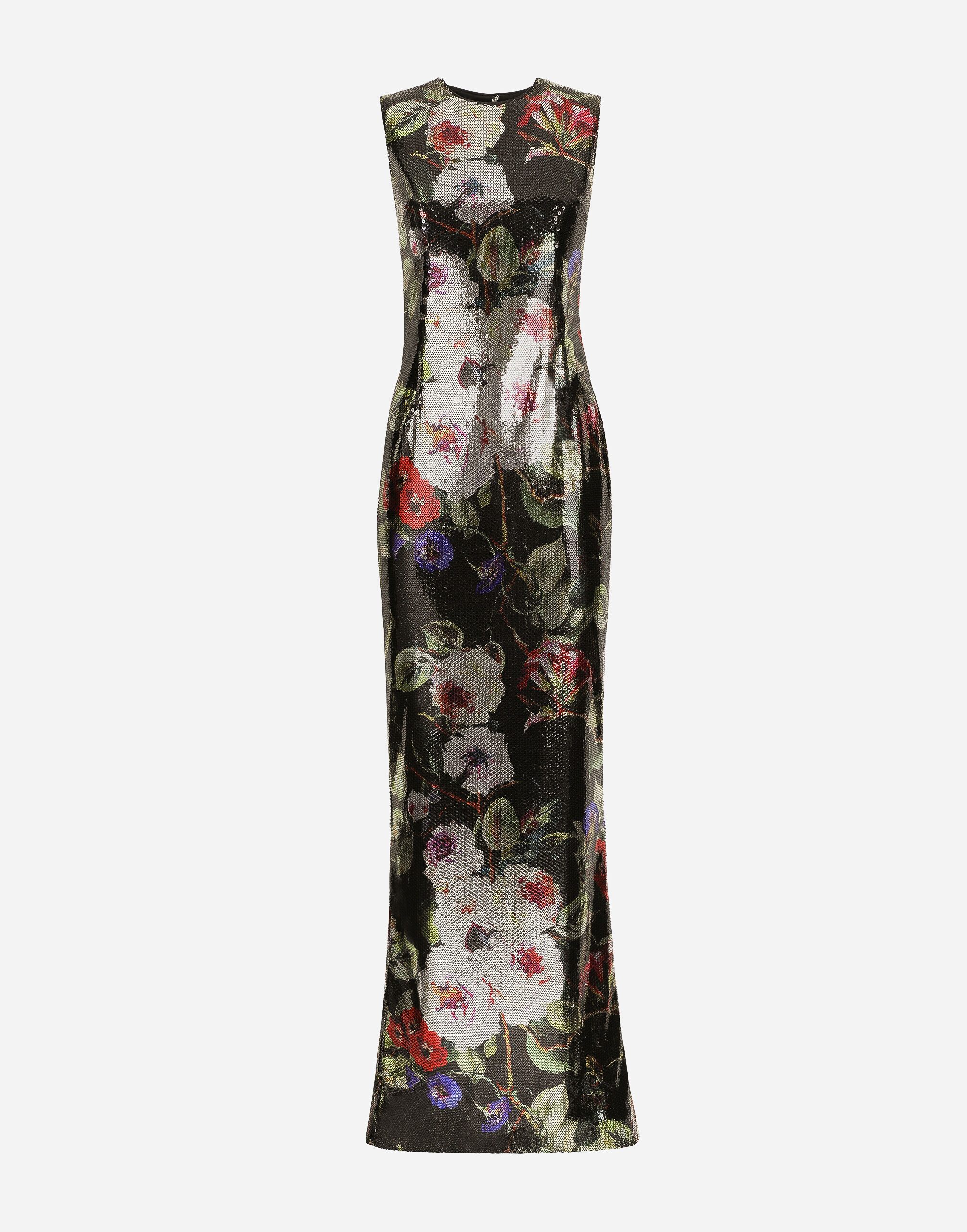 Dolce & Gabbana Langes Paillettenkleid Rosengarten-Print Kristall WEQ2D6W1111