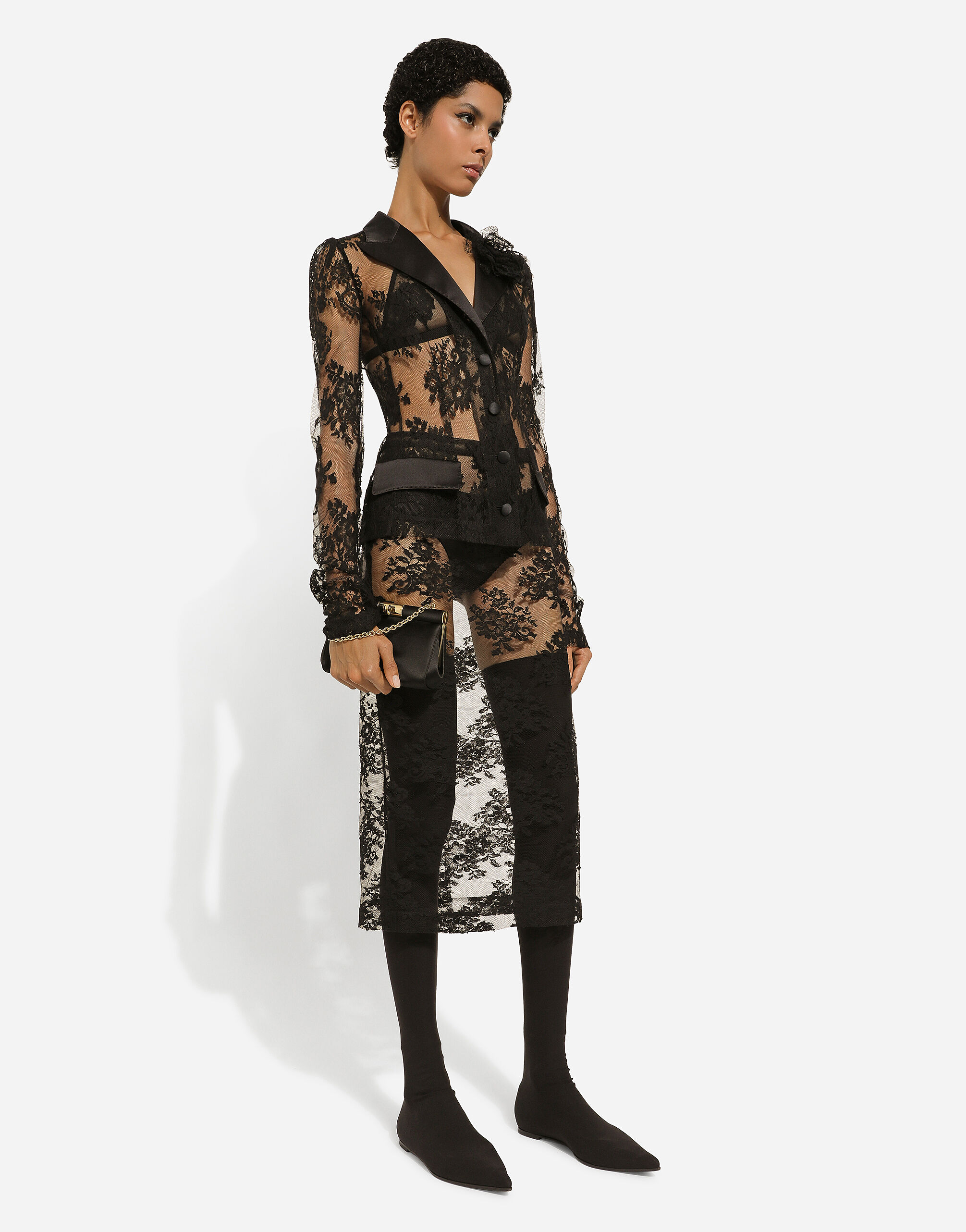 Floral lace jacket with satin details in Black for Women