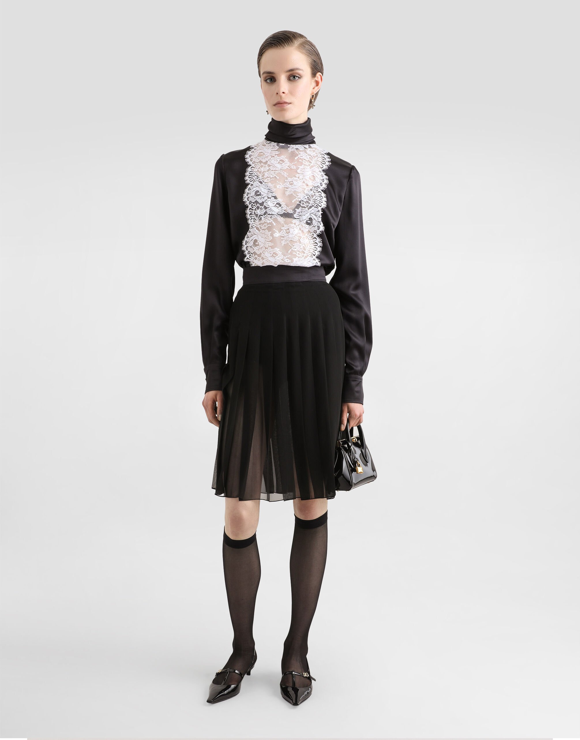Satin sack top with lace shirt front in Black for Women