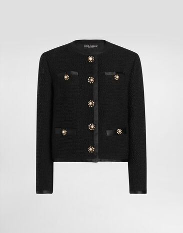 Dolce & Gabbana Cropped single-breasted bouclé tweed jacket with bejeweled buttons Black F27DAZFU3JL