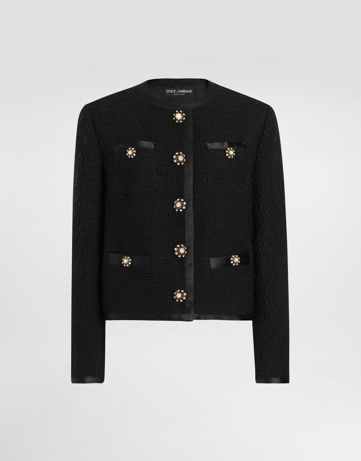 Dolce & Gabbana Einreihige Kurzjacke aus Bouclé-Tweed mit Schmuckknöpfen Schwarz F27DAZFU3JL