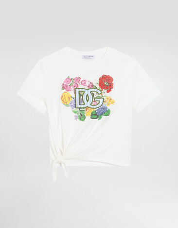 Dolce & Gabbana Jersey T-shirt with flowers and DG logo White L5JTNKG7O9K