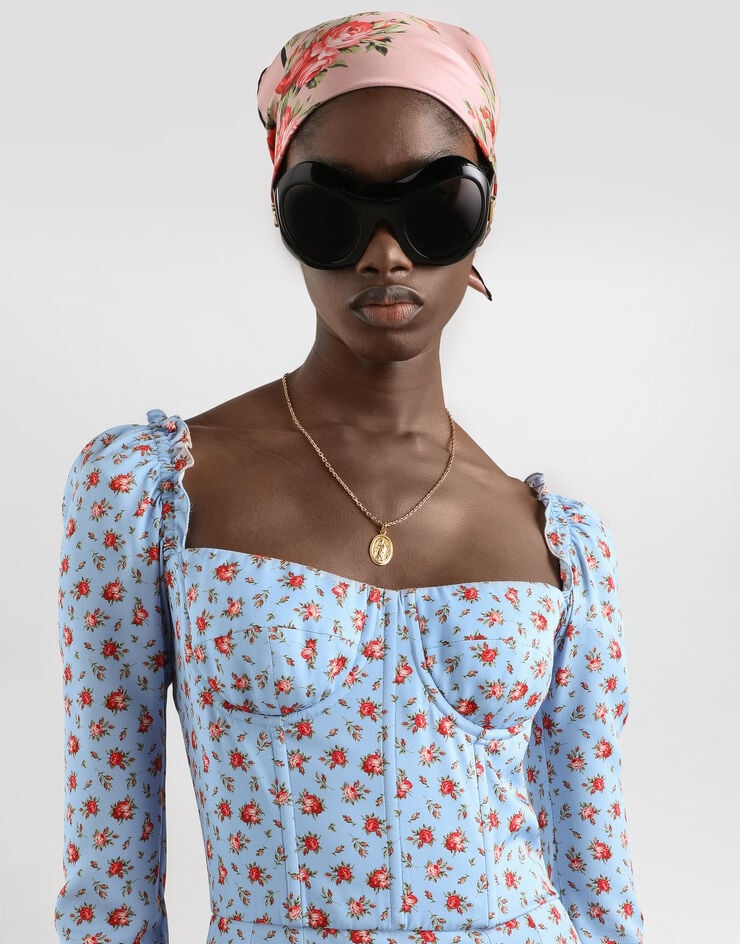 Dolce & Gabbana Vestido corto en charmeuse con estampado de pequeñas rosas Multicolor F60HVTFSA79