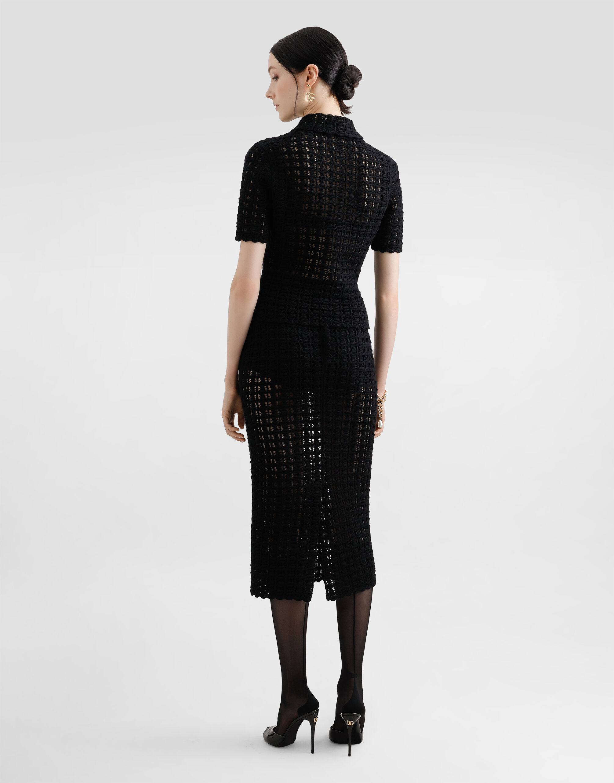 Wool lace-stitch polo-shirt in Black for Women | Dolce&Gabbana® US