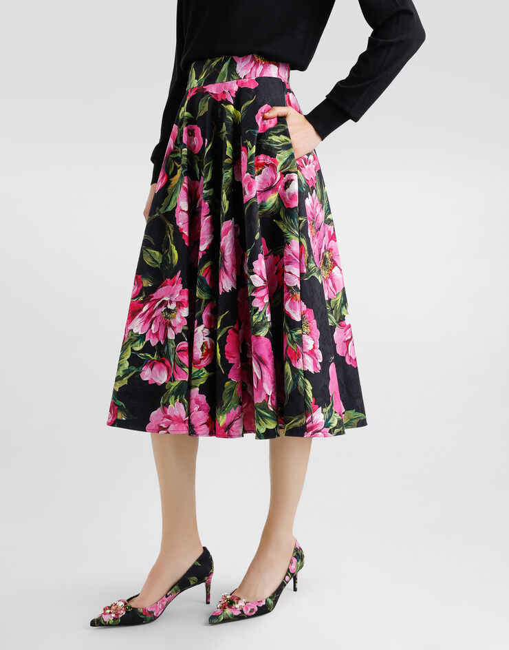 Dolce & Gabbana Longuette-Tellerrock aus Baumwolle Pfingstrosen-Print Drucken F4C2ITFSFN9