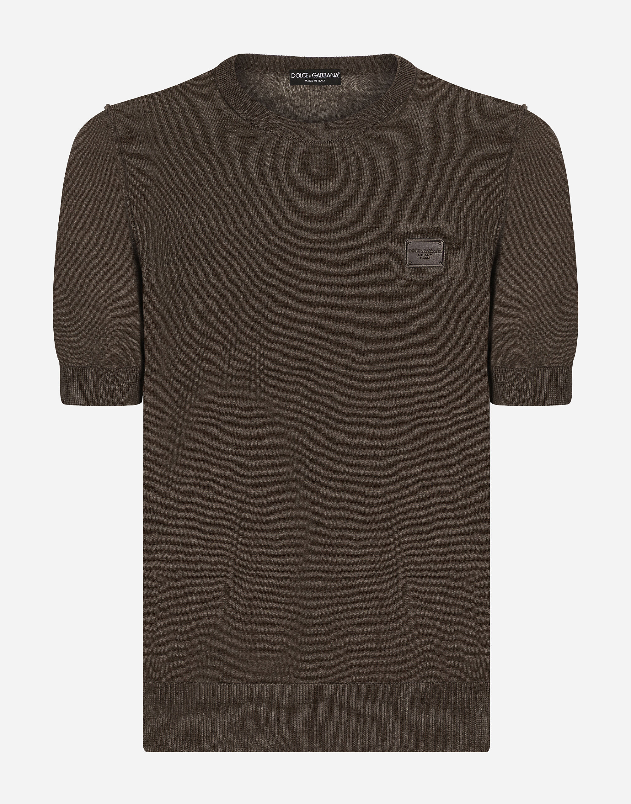Linen round neck sweater with branded tag in Grey for Men Dolce Gabbana