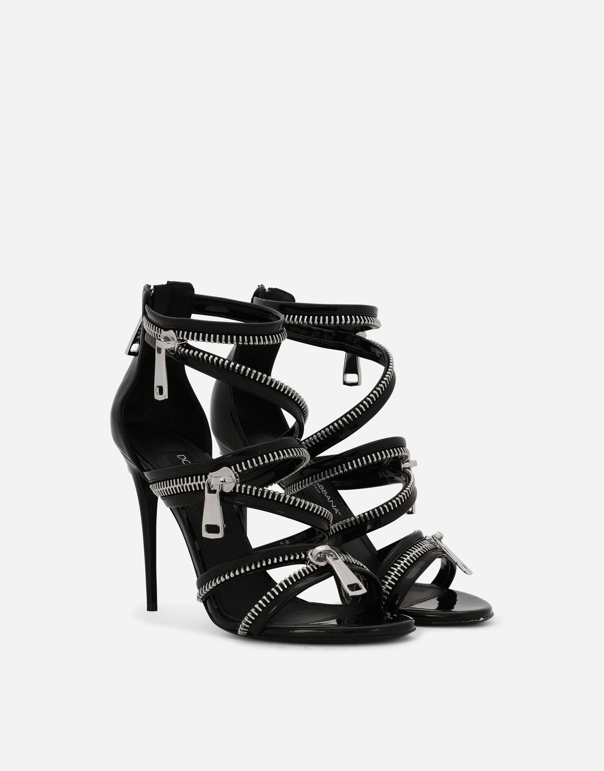 Polished calfskin sandals with zipper in Black for Women