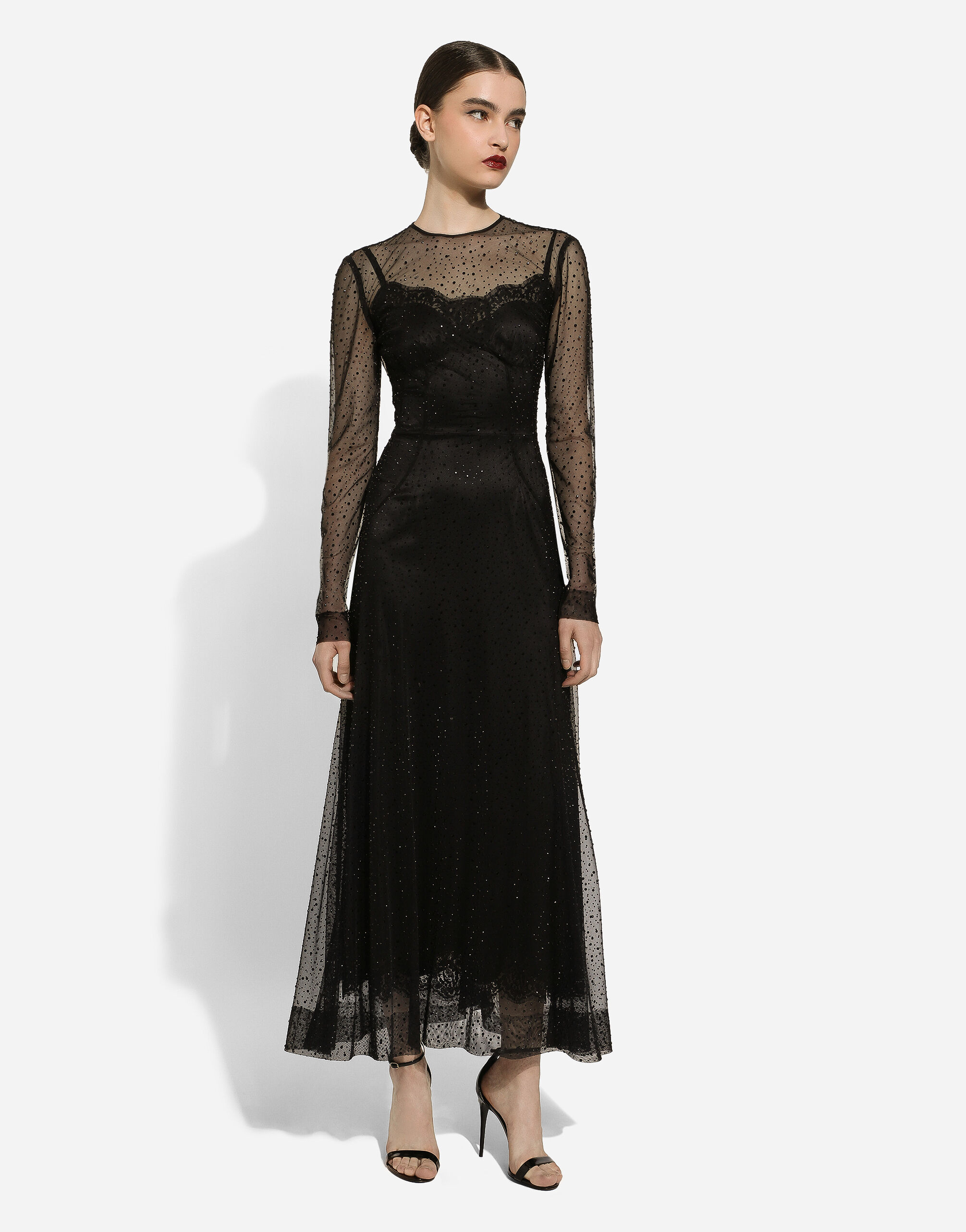 Long tulle dress with fusible rhinestone embellishment in Black