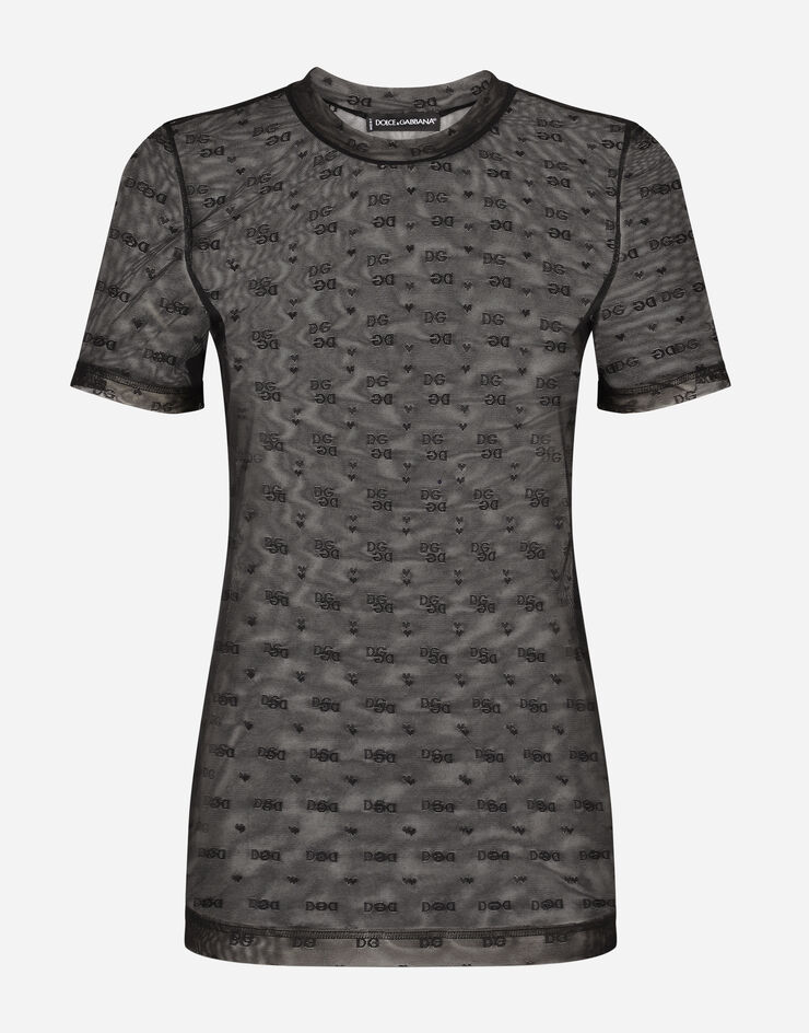 Dolce & Gabbana T-Shirt aus Jacquard-Tüll Schwarz O7C23TFLUAP