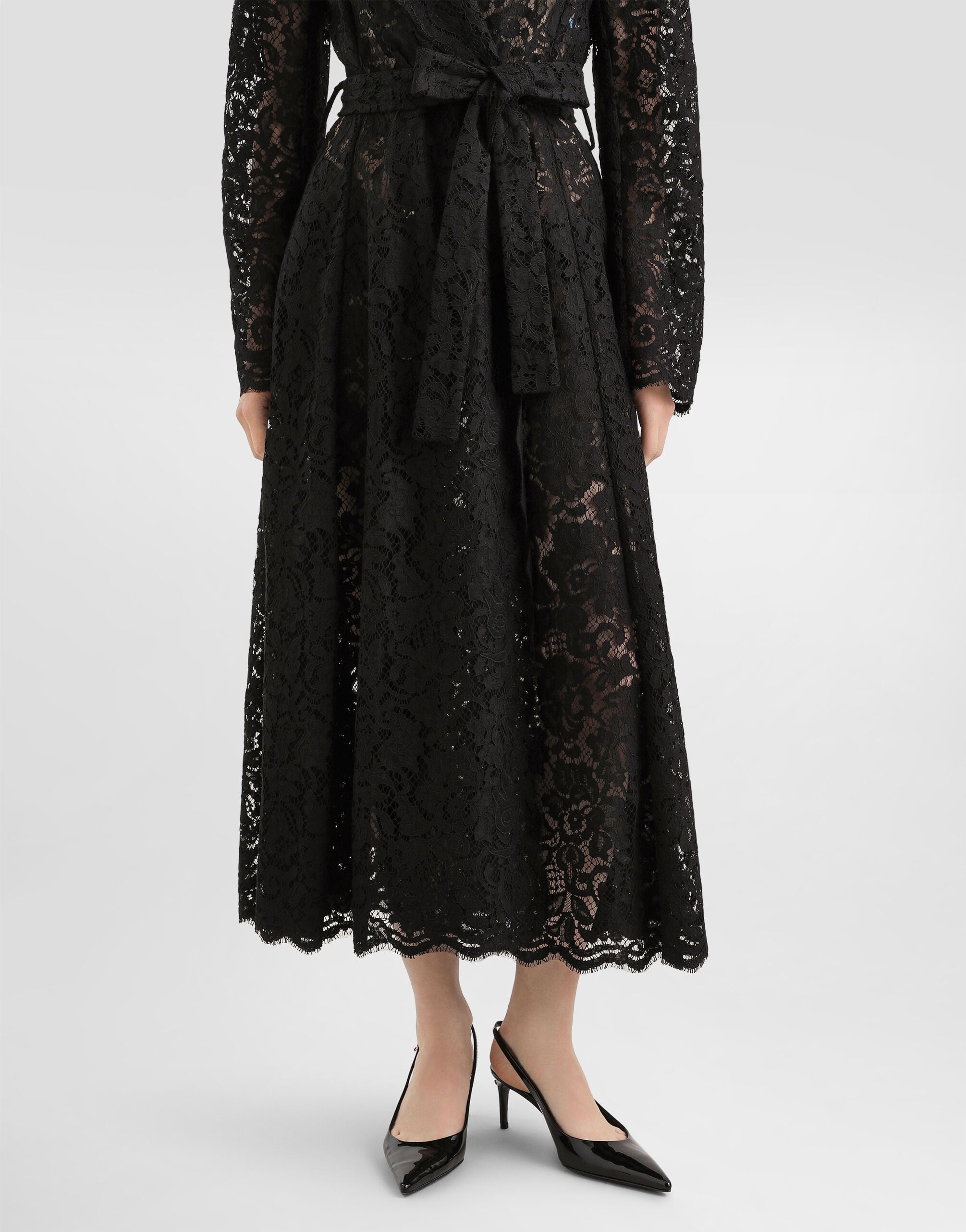 Long double-breasted cordonetto lace coat in Black for Women