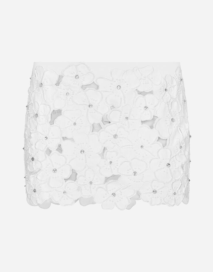 Dolce & Gabbana Minigonna in cotone con ricamo floreale e decori strass Bianco F4CC8ZGDCKA