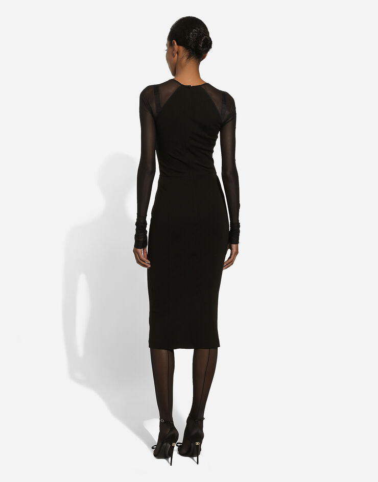 Dolce & Gabbana Jersey calf-length dress with tulle sleeves Nero F6DLXTFUGN7