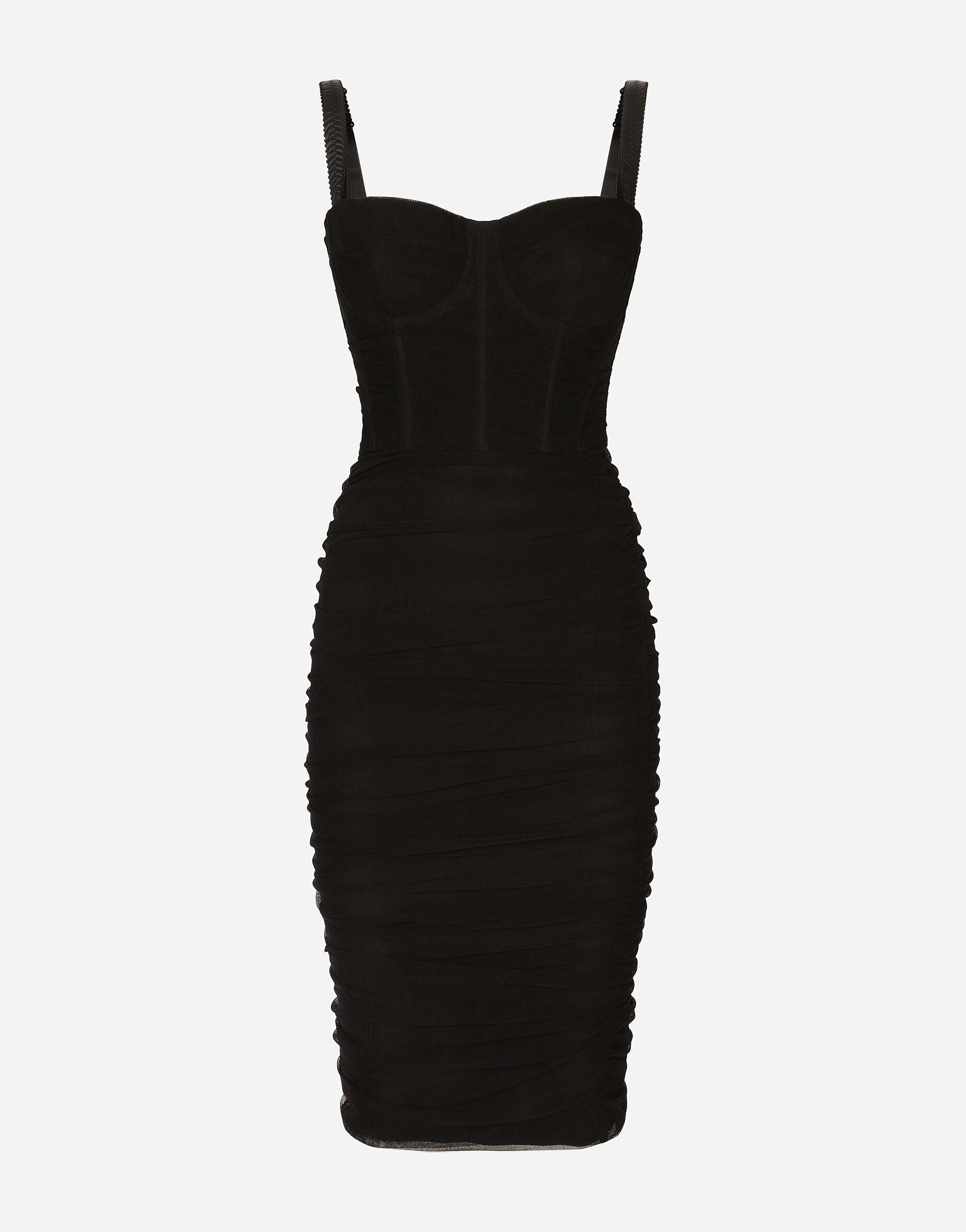 Tulle midi dress with draping and corset in Black for