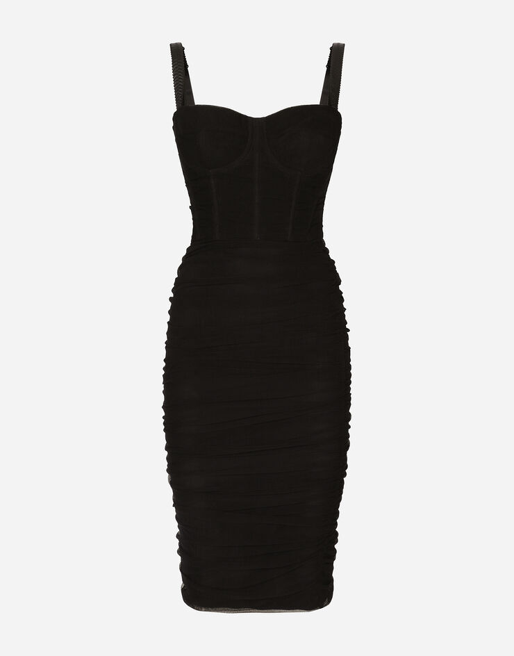 Dolce & Gabbana Abito midi in tulle con drappeggio e bustier Nero F6ATFTFLEAA