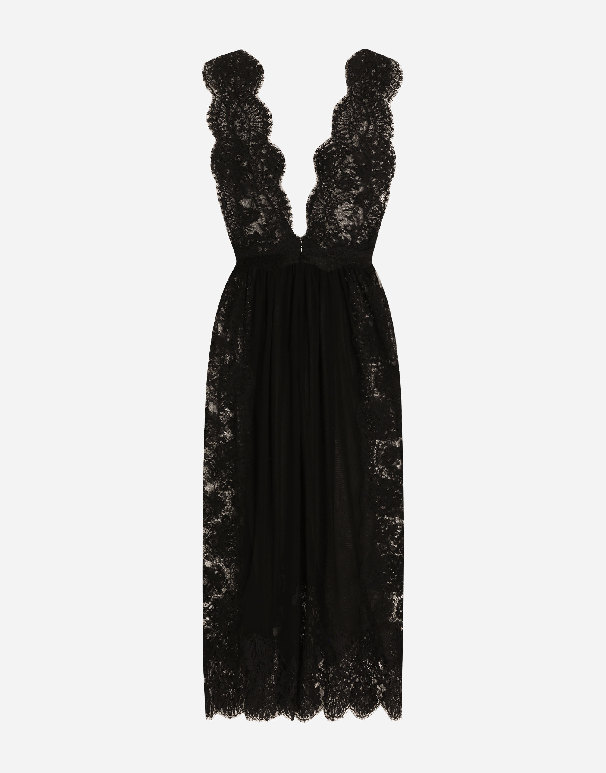 Calf-length Chantilly lace dress with organzine details in Black