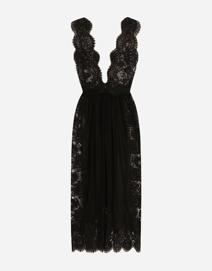 Dolce & Gabbana Vestido longuette de encaje Chantilly con detalles de organdí Negro F6JRSTGDCRO