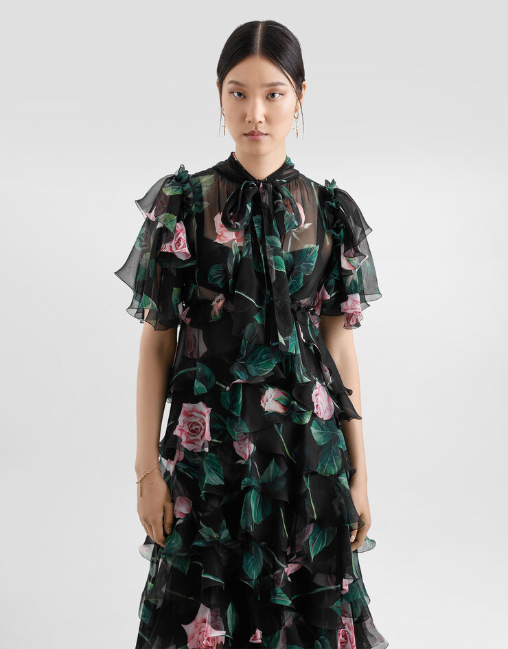 Dolce & Gabbana Rose-print chiffon calf-length dress with ruffles and flounces Print F6B3ITIS1XA