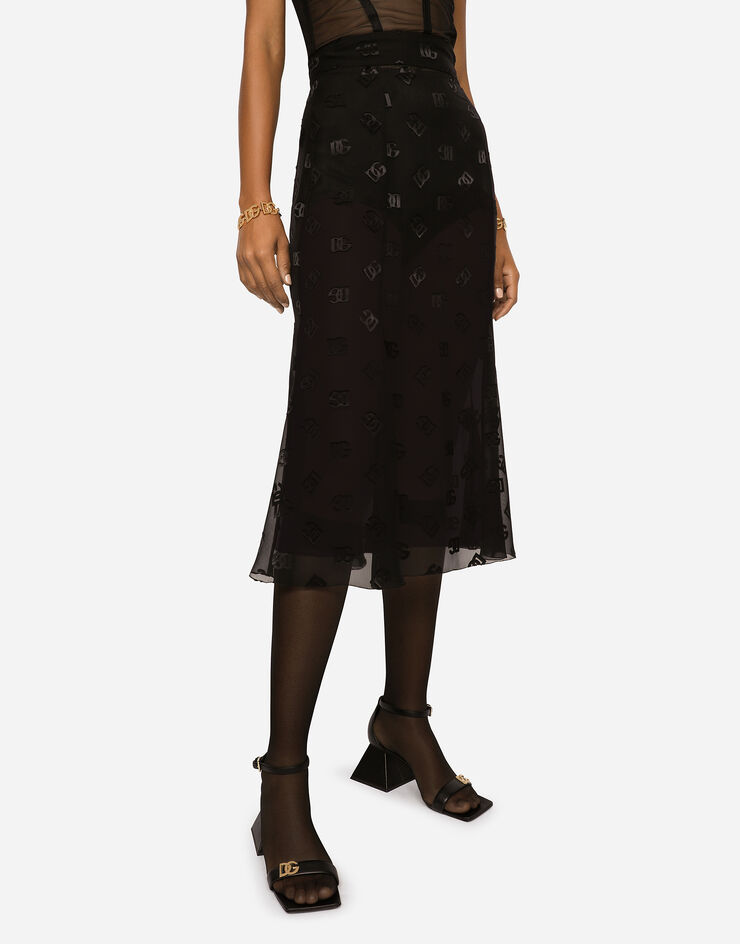 Dolce & Gabbana Devoré satin skirt with all-over DG logo Black F4CCHTFJTBR