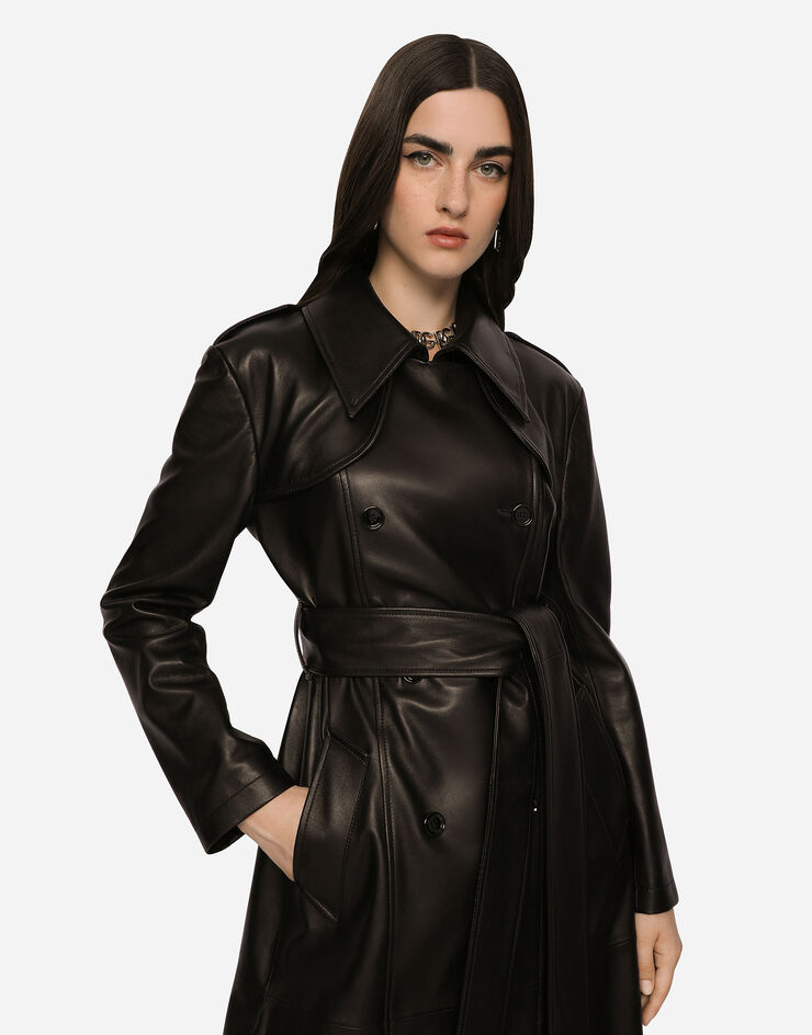 Dolce & Gabbana Zweireihiger Mantel aus Leder mit Gürtel Schwarz F0C3XLHULRJ
