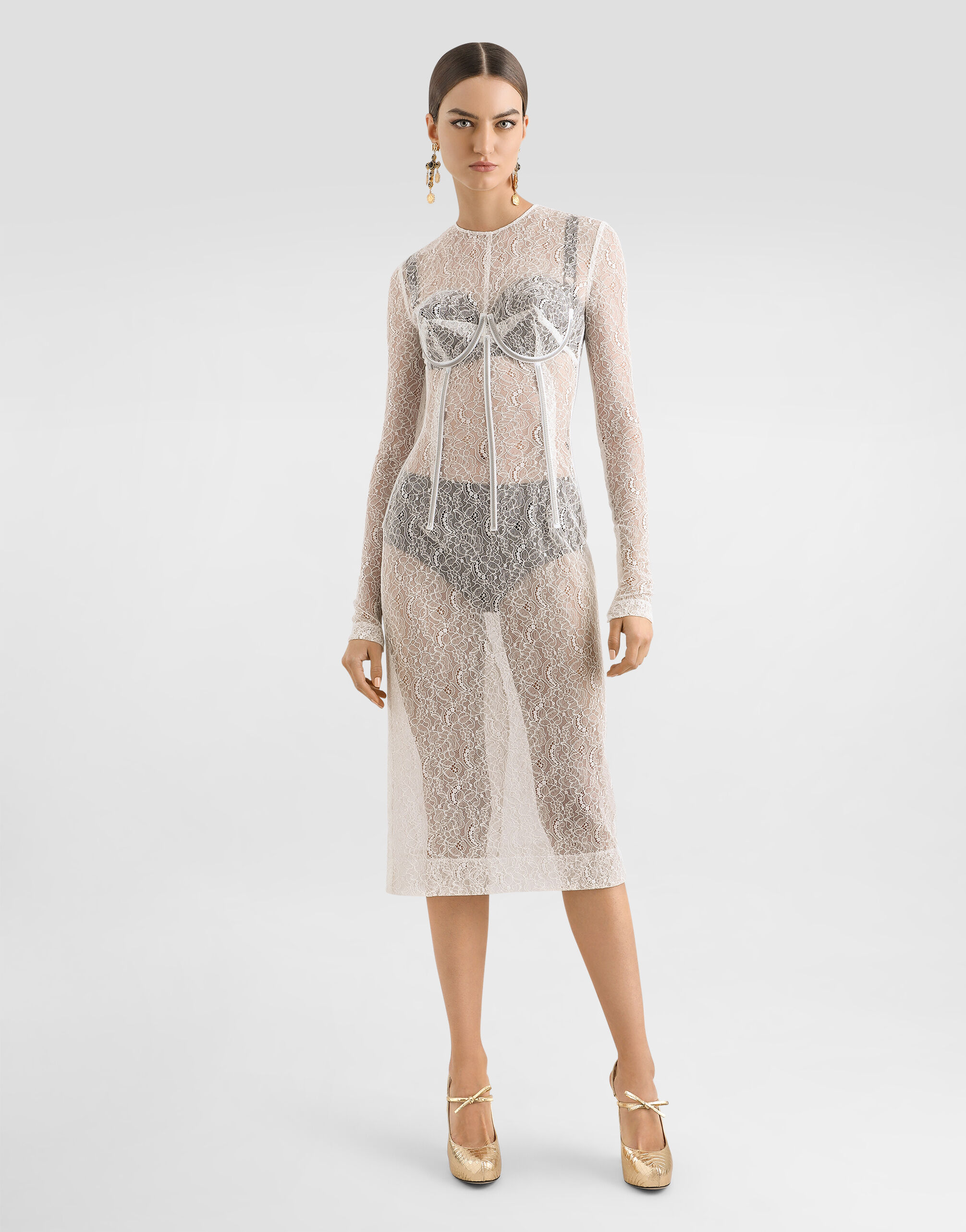 Lace calf-length dress with corset detailing in White for Women