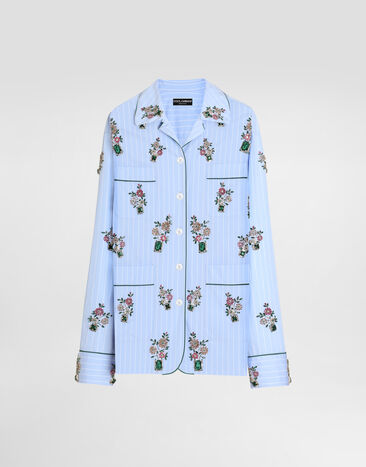 Dolce & Gabbana Poplin vanity shirt with crystal flower embroidery Multicolor F5U32ZGDDSM