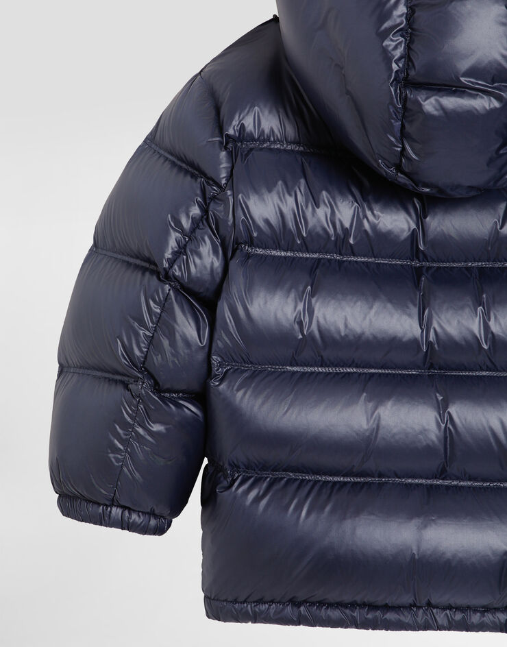 Dolce & Gabbana Long down jacket with detachable hood in shiny nylon Blue L4JB6FFUS3Y