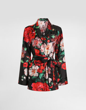 Dolce & Gabbana Long-sleeved twill pajama shirt with rose print Print F5I89TIS1ZD