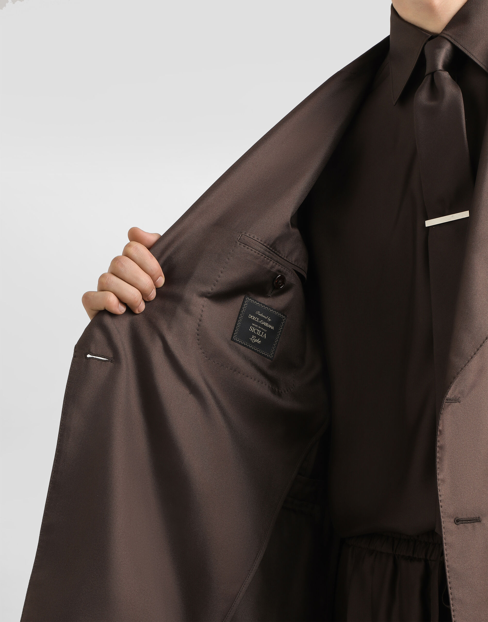 Sicilia light double-breasted silk twill jacket in Brown for Men